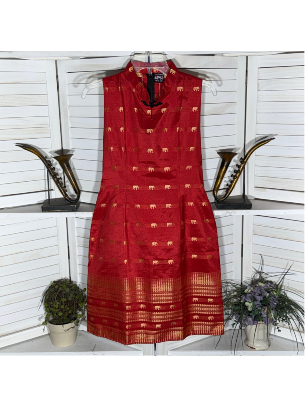 NWOT Thaisilk mod dress red gold elephant sleeveless unique elegant boho costume